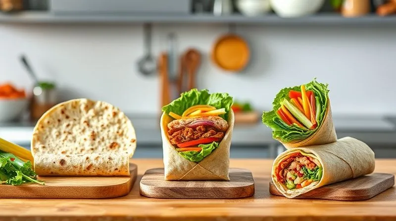 Photorealistic image showing a step-by-step process of assembling a healthy whole-grain wrap. The first step shows a tortilla, the second adding lean protein, the third adding colorful fresh vegetables, and the final step shows the wrap being tightly rolled and then cut in half. Bright, clean kitchen setting, professional photography, 8K, cinematic lighting, sharp focus, depth of field.