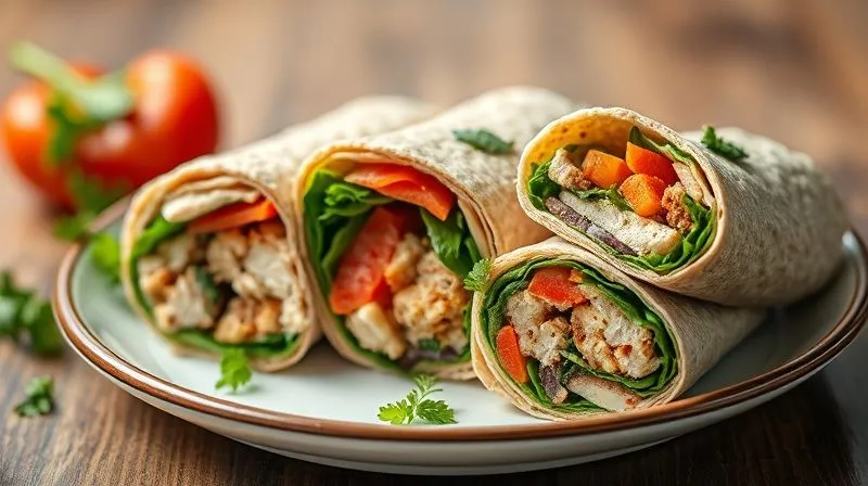 Photorealistic, professional photography, 8K, cinematic lighting, sharp focus, depth of field, shot on a high-end DSLR. A beautifully arranged plate featuring three different, vibrant, and appetizing whole-grain wraps, each cut in half to showcase their unique fillings (chicken, veggie, tuna). The wraps are garnished with fresh herbs, suggesting health and deliciousness. The background is softly blurred, focusing on the fresh, appealing food.