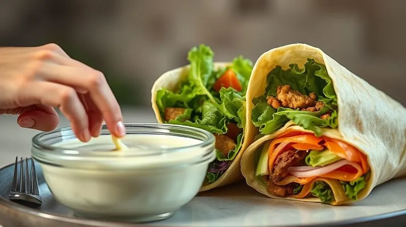 Photorealistic image depicting common food pitfalls. A hand reaching for a bowl of creamy, calorie-laden dressing instead of a light vinaigrette. Another scene shows a wrap sparsely filled with greens but lacking protein. A third shows an oversized, overflowing wrap. Cinematic lighting, sharp focus on the mistakes, depth of field, 8K hyper-detailed.