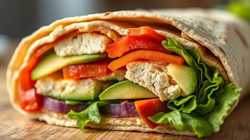 A photorealistic close-up of a cross-section of a whole-grain wrap, clearly showing layers of lean protein, colorful vegetables, and a hint of healthy fats like avocado. The texture of the whole-grain tortilla is visible. Cinematic lighting, sharp focus on the ingredients, depth of field blurring the background, 8K hyper-detailed, professional photography, shot on a high-end DSLR, evoking freshness and nutritional balance.