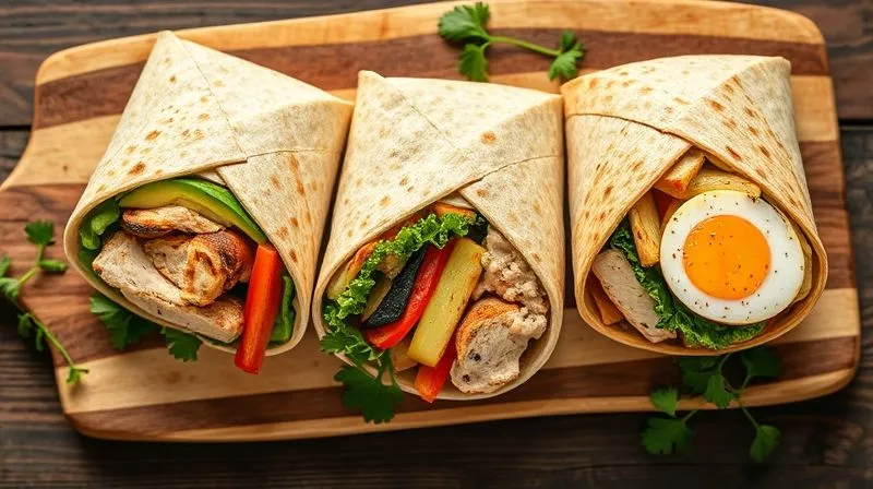 A photorealistic overhead shot of three distinct, beautifully arranged whole-grain wraps on a rustic wooden board. Each wrap is sliced in half, revealing its fresh, colorful fillings: one with chicken and avocado, one with grilled vegetables and hummus, and one with tuna and egg. The presentation is professional and appetizing, with fresh herbs scattered around. Natural, soft light, sharp focus, depth of field, 8K hyper-detailed, professional photography, shot on a high-end DSLR.