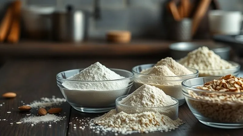 Photorealistic, professional photography, 8K, cinematic lighting, sharp focus, depth of field, shot on a high-end DSLR. A close-up of various gluten-free flours (almond, coconut, oat, rice) in separate glass bowls, arranged on a dark, rustic wooden table, with subtle light highlighting their textures. The background shows a blurred kitchen environment, suggesting a baking challenge.