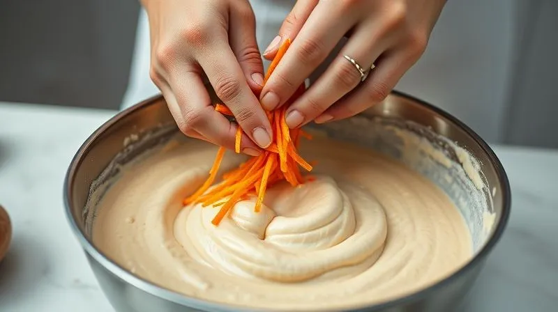 Photorealistic, professional photography, 8K, cinematic lighting, sharp focus, depth of field, shot on a high-end DSLR. A close-up of hands gently folding grated carrots into a light, moist-looking gluten-free cake batter in a stainless steel bowl. The batter has a smooth, creamy texture. The kitchen counter in the background is clean and slightly blurred, suggesting a focus on the precise technique.