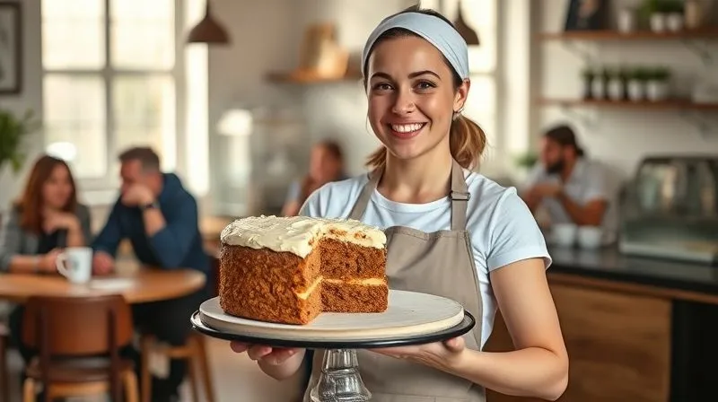 Photorealistic, professional photography, 8K, cinematic lighting, sharp focus, depth of field, shot on a high-end DSLR. A happy female baker, dressed in a clean apron, proudly presenting a beautifully moist and perfectly sliced gluten-free carrot cake on a display stand in a cozy, sunlit cafe. Customers in the background are smiling and enjoying their coffee. The cake is the central focus, showcasing its rich texture and frosting.