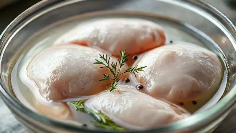 Photorealistic, professional photography, 8K, cinematic lighting, sharp focus, depth of field. A close-up shot of raw chicken breasts soaking in a clear brine solution in a glass bowl, with fresh herbs and peppercorns visible. The image emphasizes freshness and preparation.