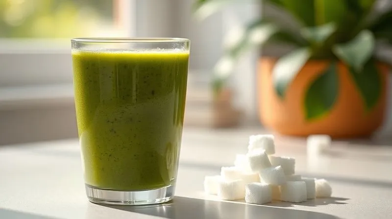 Photorealistic, professional photography, 8K, cinematic lighting, sharp focus, depth of field, shot on a high-end DSLR. A vibrant green smoothie in a glass, with a small, almost hidden pile of refined sugar cubes next to it, casting a subtle, deceptive shadow. The overall mood is slightly misleading, highlighting the hidden sugar trap. Natural morning light.