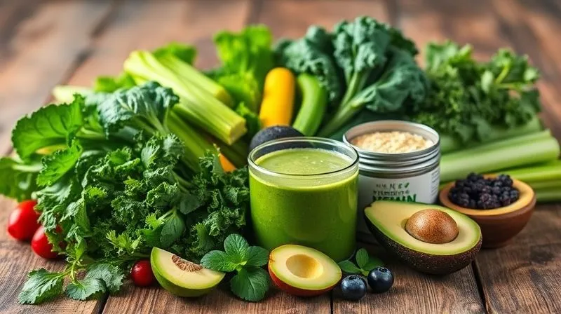 Photorealistic, professional photography, 8K, cinematic lighting, sharp focus, depth of field, shot on a high-end DSLR. A vibrant arrangement of diverse green smoothie ingredients: fresh spinach, kale, cucumber, celery, a few berries, a slice of avocado, and a small container of plant-based protein powder, all artfully composed on a rustic wooden table with soft, inviting light. The scene emphasizes freshness and variety.