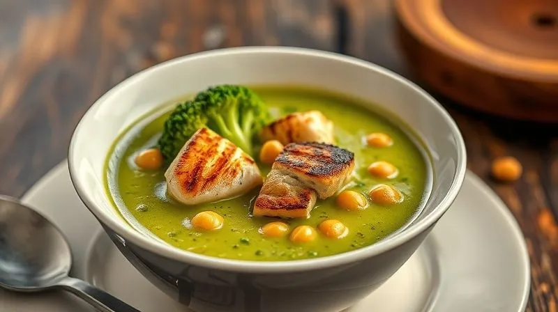 photorealistic, professional photography, 8K, cinematic lighting, sharp focus, depth of field, shot on a high-end DSLR, a vibrant green broccoli cream soup in an elegant bowl, with visible chunks of grilled chicken breast and chickpeas, steam gently rising, rustic wooden background, evoking a sense of satisfying nourishment
