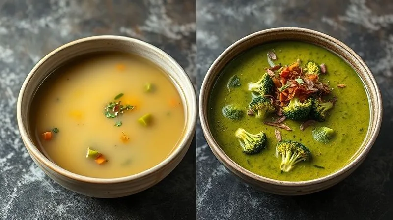photorealistic, professional photography, 8K, cinematic lighting, sharp focus, depth of field, shot on a high-end DSLR, two bowls of broccoli soup side by side: one is a thin, watery liquid with few visible solids, the other is a thick, creamy, vibrant green soup with visible texture and garnishes, contrasting the concept of 'not filling' versus 'satisfying'