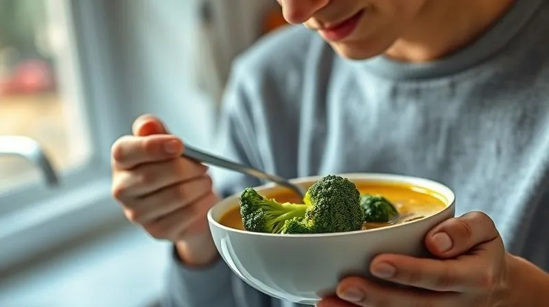 photorealistic, professional photography, 8K, cinematic lighting, sharp focus, depth of field, shot on a high-end DSLR, a person slowly and mindfully eating a bowl of vibrant broccoli soup, with steam rising, focused on the food, in a clean, minimalist kitchen setting, natural light streaming through a window, conveying calmness and satisfaction