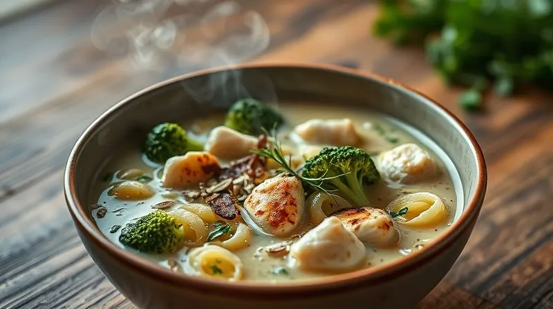 photorealistic, professional photography, 8K, cinematic lighting, sharp focus, depth of field, shot on a high-end DSLR, a beautifully presented bowl of the 'Syc?ca Zupa Broku?owa Fit' from the recipe, garnished with toasted seeds, fresh herbs, and visible chunks of broccoli and chicken, steam gently rising, evoking a sense of gourmet yet healthy dining