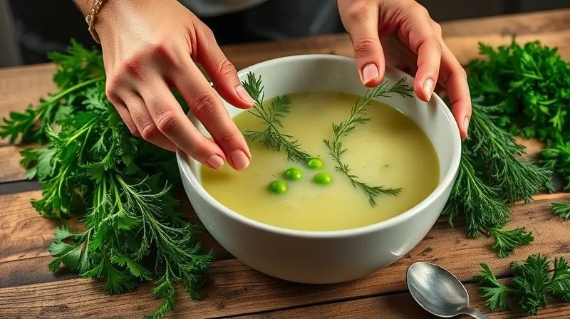 A professional, photorealistic, 8K image shot on a high-end DSLR, showing a chef's hands gently arranging fresh, vibrant herbs like dill and parsley around a steaming bowl of light pea soup on a rustic wooden table. The focus is on the intricate details of the herbs and the rich texture of the soup, with soft, cinematic lighting creating a warm, inviting atmosphere. Depth of field blurs the background slightly, hinting at a cozy kitchen setting. The image should convey freshness, expertise, and the joy of healthy cooking.