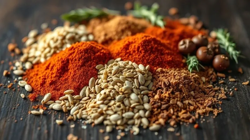 A close-up, photorealistic, 8K image shot on a high-end DSLR, capturing a vibrant array of fresh and dried spices arranged artfully on a dark, rustic wooden surface. Focus on the textures and colors of ground smoked paprika, dried marjoram, whole cumin seeds, and nutritional yeast flakes. Cinematic lighting highlights the individual grains and powders, creating a rich, earthy feel. Depth of field softly blurs the edges, drawing attention to the aromatic ingredients crucial for flavor enhancement in a light pea soup.