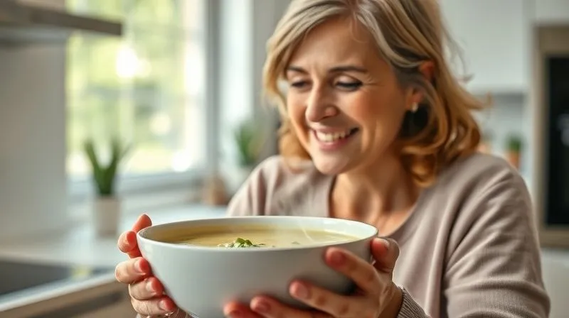 A professional, photorealistic, 8K image shot on a high-end DSLR, showing a satisfied woman in her 40s, smiling gently as she enjoys a bowl of steaming, light pea soup in a brightly lit, modern kitchen. The focus is on her contented expression and the inviting texture of the soup. Cinematic lighting creates a soft, warm glow, emphasizing comfort and well-being. Depth of field blurs the background, suggesting a healthy, happy home environment. The image should convey the emotional satisfaction of eating a delicious and healthy meal.