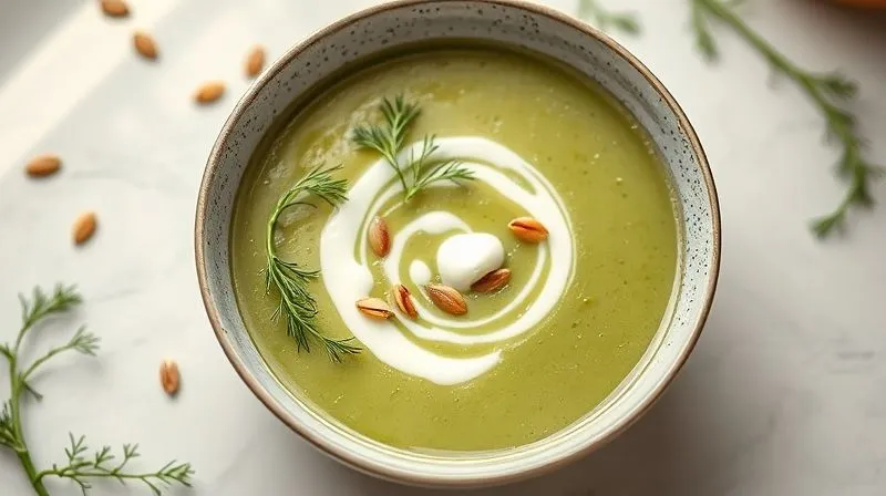 A top-down, professional, photorealistic, 8K image shot on a high-end DSLR, showcasing a beautifully garnished bowl of light pea soup. The soup is adorned with vibrant fresh dill, a swirl of plant-based cream, and a sprinkle of toasted pumpkin seeds. The setting is a bright, minimalist kitchen counter, with soft, natural cinematic lighting highlighting the textures and colors. Depth of field is shallow, emphasizing the deliciousness and healthiness of the meal. The image evokes a sense of culinary artistry and healthy indulgence.