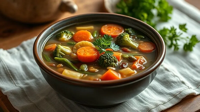 Photorealistic, professional photography, 8K, cinematic lighting, sharp focus, depth of field. A steaming bowl of a classic, rustic vegetable soup with visible chunks of carrots, green beans, broccoli, and a hint of red lentils, garnished with fresh parsley. The bowl is on a simple linen tablecloth, with soft, diffused natural light enhancing its warmth and inviting appearance.
