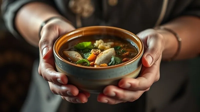 Photorealistic, professional photography, 8K, cinematic lighting, sharp focus, depth of field. A person's hands gently holding a ceramic bowl of steaming vegetable soup, with a soft, warm light illuminating the scene. The person's eyes are closed slightly, suggesting a moment of calm and appreciation for the food. The background is softly blurred, focusing entirely on the intimate act of mindful eating.