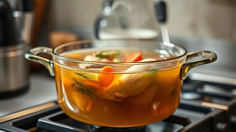 Photorealistic, professional photography, 8K, cinematic lighting, sharp focus, depth of field, shot on a high-end DSLR. A rich, golden chicken broth simmering gently in a clear glass pot on a stovetop, with fresh vegetables like carrots, celery, and herbs visible, steam rising elegantly, illuminated by soft kitchen lighting.