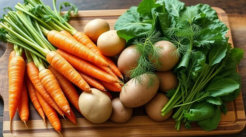 Photorealistic, professional photography, 8K, cinematic lighting, sharp focus, depth of field, shot on a high-end DSLR. A vibrant, fresh assortment of root vegetables and leafy greens, including carrots, celery, potatoes, spinach, and a bunch of fresh dill, artfully arranged on a rustic wooden cutting board, bathed in soft, natural light.