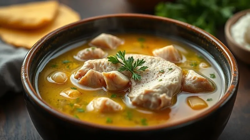 Photorealistic image of a vibrant bowl of dill soup, with visible chunks of lean chicken breast and a sprinkle of fresh dill, steamy and inviting, professional photography, 8K, cinematic lighting, sharp focus on the chicken, depth of field, shot on a high-end DSLR.