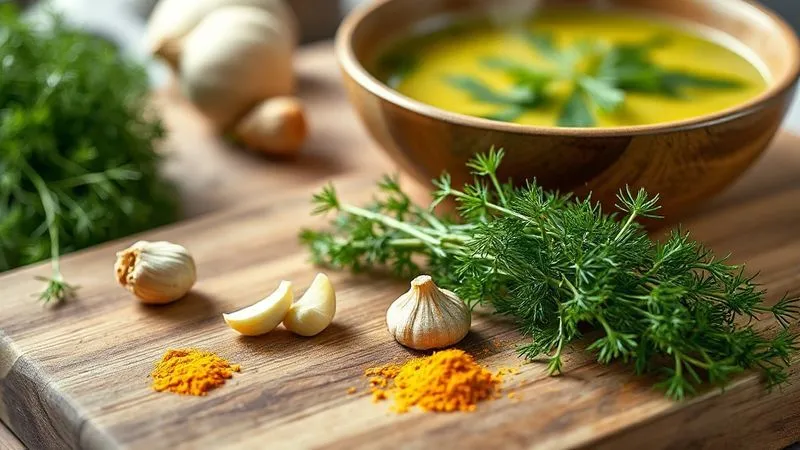 Photorealistic image of a cutting board with fresh dill, a small piece of ginger, garlic cloves, and a pinch of turmeric powder, next to a bowl of steaming dill soup in the background. Professional photography, 8K, cinematic lighting, sharp focus on the herbs and spices, depth of field, shot on a high-end DSLR.