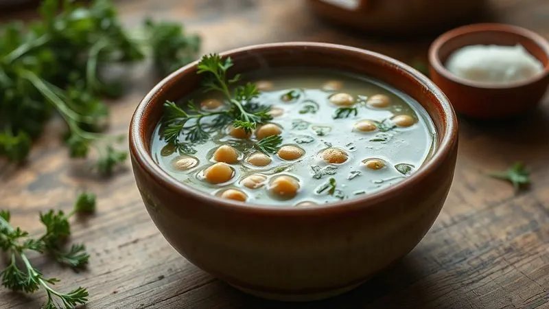 Photorealistic image of a steaming bowl of vegan dill soup with visible chickpeas and spinach, garnished with fresh dill. The soup is presented in a rustic ceramic bowl on a wooden table, with soft, natural lighting. Professional photography, 8K, cinematic lighting, sharp focus on the soup, depth of field, shot on a high-end DSLR.