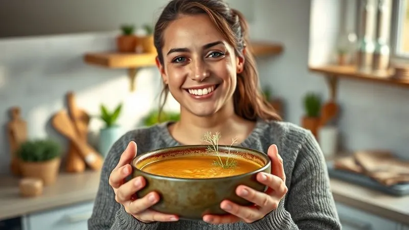 Photorealistic image of a satisfied person smiling gently, holding a warm, inviting bowl of dill soup, with a soft glow around them symbolizing health and well-being. The background is a clean, modern kitchen with natural light. Professional photography, 8K, cinematic lighting, sharp focus on the person and soup, depth of field, shot on a high-end DSLR.