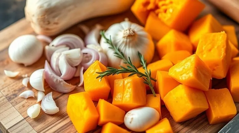 A vibrant, close-up shot of fresh, organic pumpkin chunks, alongside chopped onions, garlic, and a sprig of fresh thyme, neatly arranged on a rustic wooden cutting board, ready for cooking. Photorealistic, professional photography, 8K, cinematic lighting, sharp focus on ingredients, depth of field blurring the background, shot on a high-end DSLR.