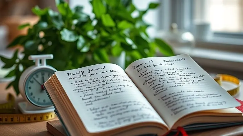 A photorealistic image of an open journal with handwritten notes about daily meals, exercise, and mood, next to a small kitchen scale and a tape measure. A healthy green plant sits in the background. Cinematic lighting, sharp focus on the journal, depth of field blurring the background, 8K hyper-detailed, shot on a high-end DSLR.