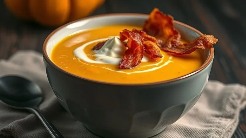 A visually striking, photorealistic image of a bowl of creamy pumpkin soup, but with an overlay of tempting, high-calorie additions like a large dollop of heavy cream, a pile of crispy fried bacon, and a generous sprinkling of cheese, creating a subtle contrast between healthy intent and unhealthy additions. Cinematic lighting, sharp focus on the soup, depth of field, 8K hyper-detailed, shot on a high-end DSLR.