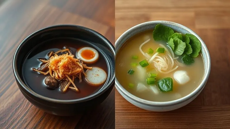 Photorealistic, professional photography, 8K, cinematic lighting, sharp focus, depth of field, shot on a high-end DSLR. A split image: on one side, a traditional, deeply colored bowl of miso soup with rich, dark broth and generous toppings, evoking richness. On the other side, a lighter, clearer bowl of miso soup with fresh, vibrant green ingredients, suggesting freshness and health. Both bowls are beautifully presented on a minimalist wooden table, symbolizing the choice between indulgence and mindful eating.