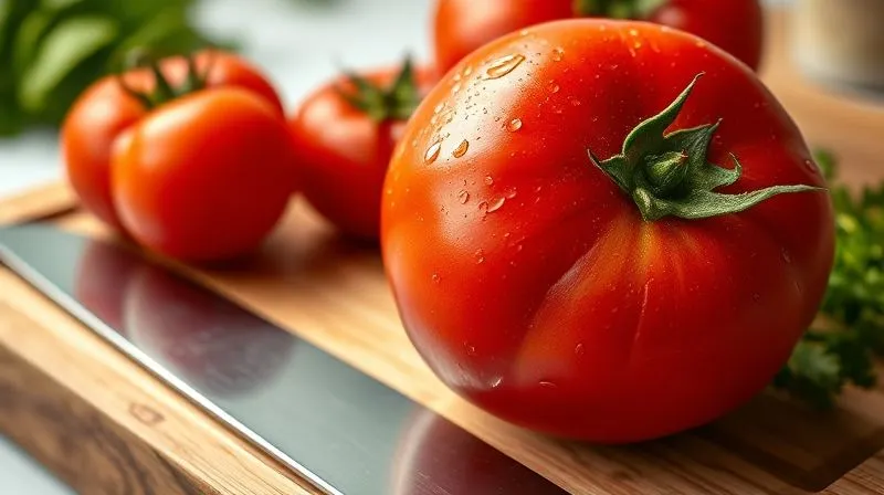Photorealistic, professional photography, 8K, cinematic lighting, sharp focus, depth of field, shot on a high-end DSLR. A vibrant, fresh, red tomato, perfectly ripe, with water droplets on its skin, lying on a wooden cutting board next to a chef's knife. The background is softly blurred, suggesting a healthy kitchen environment. The image evokes freshness and natural goodness.