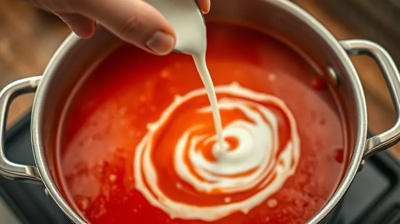 Photorealistic, professional photography, 8K, cinematic lighting, sharp focus, depth of field, shot on a high-end DSLR. A hand gently pouring a thin stream of light coconut milk into a simmering pot of vibrant red tomato soup, creating a beautiful swirl. The steam is visible, and the scene is warm and inviting, emphasizing healthy cooking and creamy texture without heavy cream.