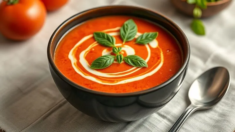 Photorealistic, professional photography, 8K, cinematic lighting, sharp focus, depth of field, shot on a high-end DSLR. A beautifully plated bowl of creamy, rich red tomato soup, garnished generously with fresh green basil leaves and a delicate swirl of a plant-based cream substitute. The soup is steaming gently, placed on a dark, elegant ceramic bowl on a light linen tablecloth, with a simple, rustic spoon resting beside it. The focus is on the inviting texture and vibrant color of the soup.