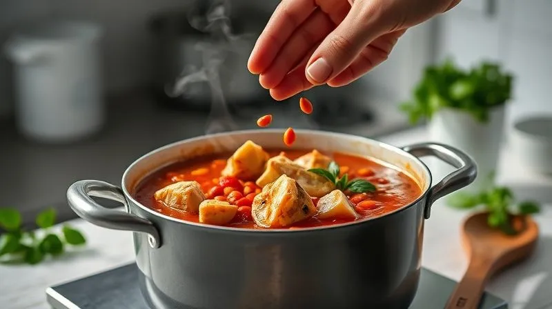 Photorealistic, professional photography, 8K, cinematic lighting, sharp focus, depth of field, shot on a high-end DSLR. A hand gently sprinkling perfectly cooked, golden-brown chicken breast cubes and vibrant red lentils into a large pot of simmering tomato soup. Steam rises gracefully, creating a warm, inviting atmosphere. The kitchen counter is clean and modern, with fresh basil leaves and a wooden spoon nearby.