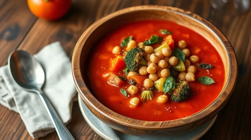 Photorealistic, professional photography, 8K, cinematic lighting, sharp focus, depth of field, shot on a high-end DSLR. A vibrant, rustic wooden bowl filled with a rich, thick tomato soup, generously topped with a mix of colorful roasted vegetables like broccoli florets, bell peppers, and spinach, alongside visible chickpeas and a sprinkle of chia seeds. The texture is inviting and hearty, with soft, diffused natural light enhancing the fresh ingredients. A linen napkin and a simple spoon are next to the bowl on a worn wooden table.