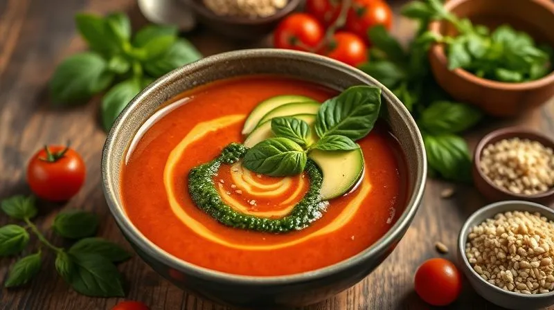 Photorealistic, professional photography, 8K, cinematic lighting, sharp focus, depth of field, shot on a high-end DSLR. A creative, personalized bowl of fitness tomato soup, featuring a swirl of vibrant green pesto, a few perfectly ripe avocado slices, and a sprinkle of toasted pumpkin seeds on top. The background shows a rustic wooden table with various colorful fresh ingredients like cherry tomatoes, a bunch of basil, and a small bowl of quinoa, suggesting customization and healthy choices. The lighting is warm and inviting, emphasizing freshness and home cooking.
