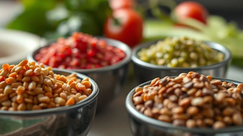 A close-up, photorealistic image of various types of dry lentils (red, green, brown) in small elegant bowls, with a blurred background of fresh vegetables, 8K, cinematic lighting, sharp focus, depth of field.