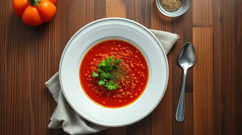A top-down, photorealistic image of a beautifully plated bowl of red lentil soup, garnished with fresh herbs, ready to be eaten, on a clean wooden table, with a fork and spoon, 8K, cinematic lighting, sharp focus, depth of field.
