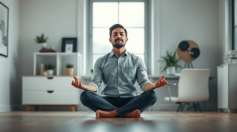 A serene, photorealistic image of a manager meditating peacefully in a minimalist office setting with soft natural light, conveying mental clarity and stress reduction, 8K, cinematic lighting, sharp focus, depth of field.