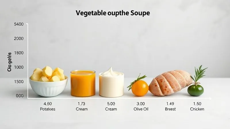 A photorealistic bar chart showing calorie density of different vegetable soup ingredients: potatoes, cream, olive oil, and lean chicken breast. The chart should be clear, professional, with distinct bars and labels, cinematic lighting, sharp focus, 8K hyper-detailed.