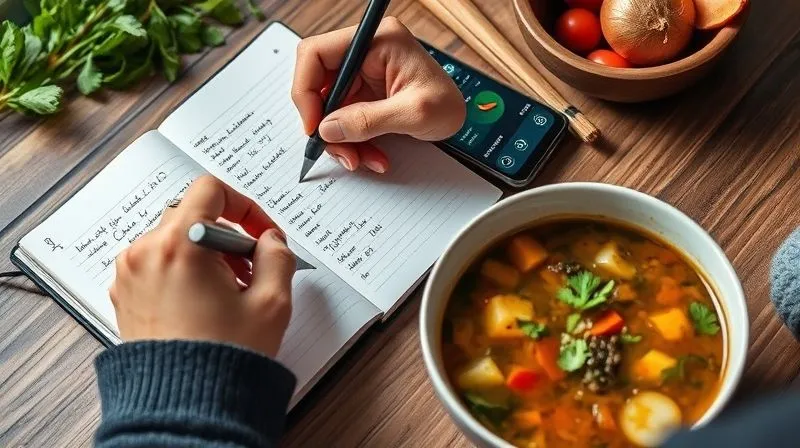 A photorealistic image of a person meticulously writing down ingredients and calorie counts in a neat food journal next to a bowl of vegetable soup, with a smartphone displaying a calorie tracking app in the background. Professional photography, sharp focus on the journal, cinematic lighting, 8K hyper-detailed.